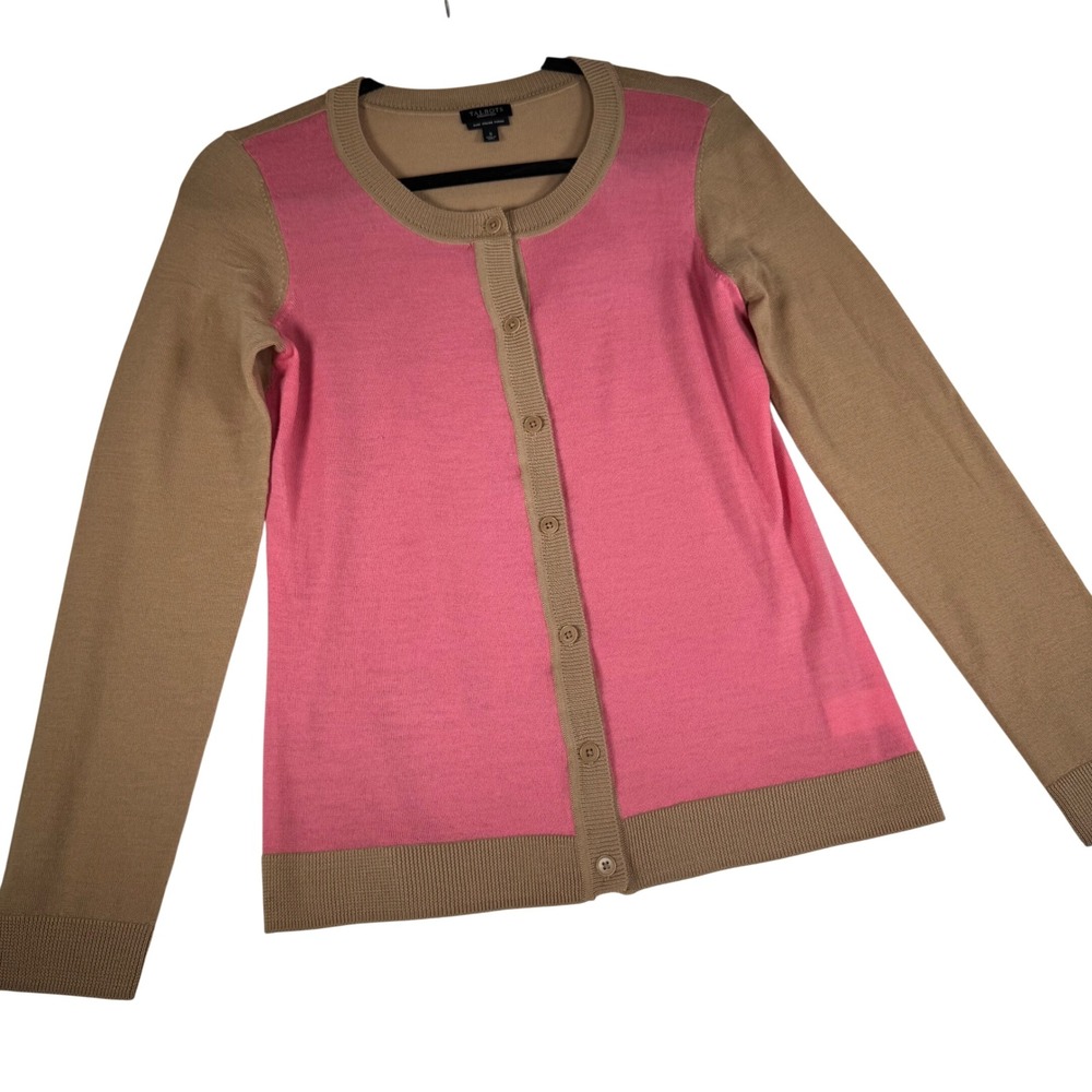 Talbots Pure Italian Merino Wool Cardigan Pink Tan Colorblock Size S
